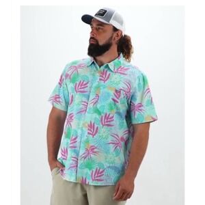 Aftco Boatbar Happy Hour Blue Pink Multi Tropical Button SS Shirt Mens XL UPF 50